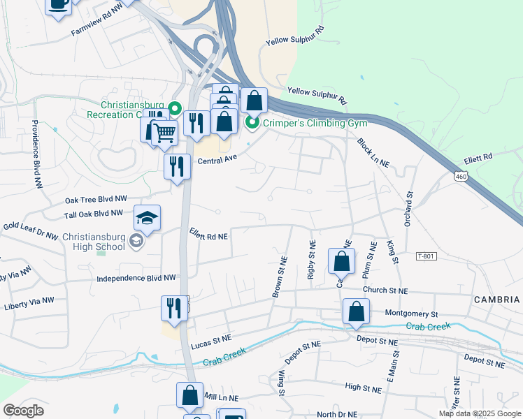 map of restaurants, bars, coffee shops, grocery stores, and more near 150 Thelma Ln NE in Christiansburg