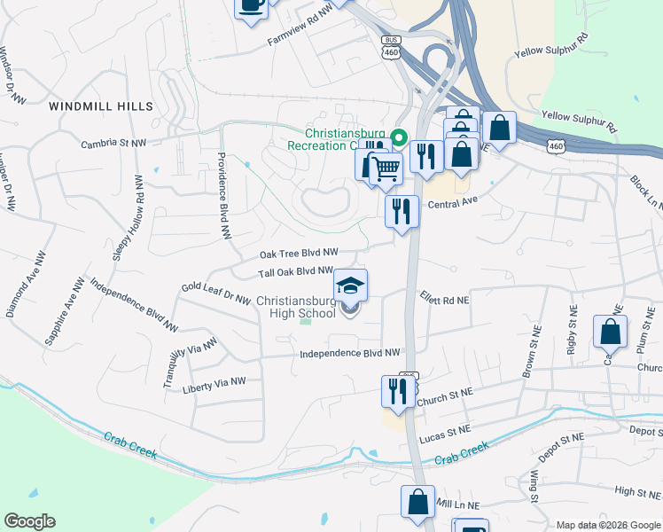 map of restaurants, bars, coffee shops, grocery stores, and more near 305 Tall Oak Boulevard Northwest in Christiansburg