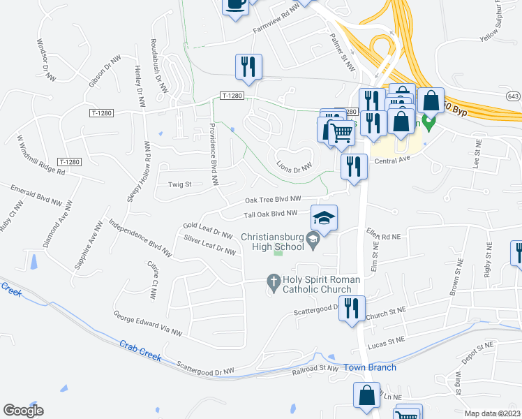 map of restaurants, bars, coffee shops, grocery stores, and more near 435 Tall Oak Boulevard Northwest in Christiansburg