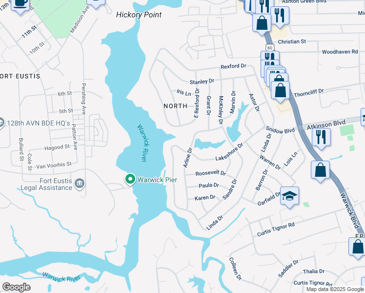 map of restaurants, bars, coffee shops, grocery stores, and more near 145 Linda Drive in Newport News