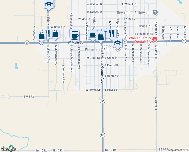 map of restaurants, bars, coffee shops, grocery stores, and more near West Ironton Street in Anthony