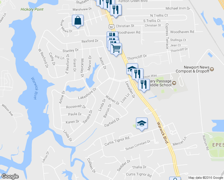 map of restaurants, bars, coffee shops, grocery stores, and more near 11 Linda Drive in Newport News