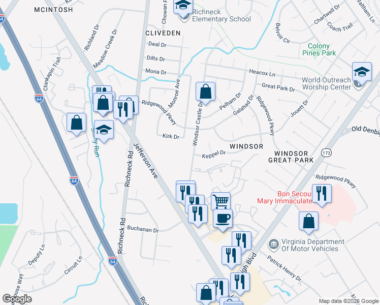 map of restaurants, bars, coffee shops, grocery stores, and more near 174 Windsor Castle Drive in Newport News