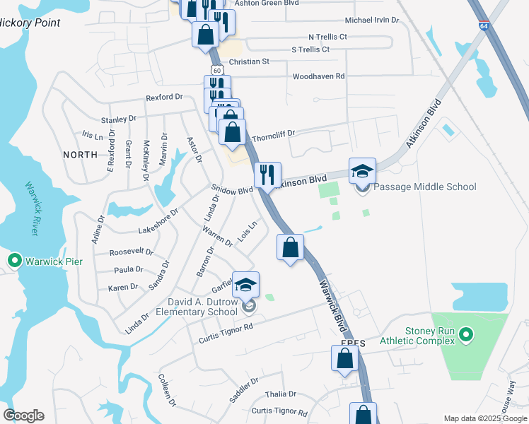 map of restaurants, bars, coffee shops, grocery stores, and more near 13 Lewallen Drive in Newport News