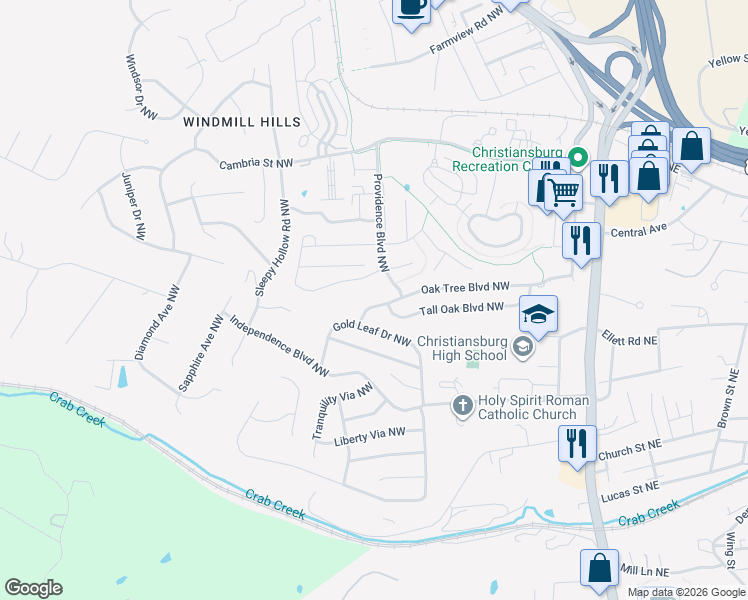 map of restaurants, bars, coffee shops, grocery stores, and more near 1060 Oak Tree Boulevard Northwest in Christiansburg