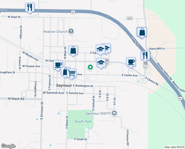 map of restaurants, bars, coffee shops, grocery stores, and more near 425 East Center Avenue in Seymour