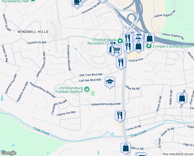 map of restaurants, bars, coffee shops, grocery stores, and more near 295 Tall Oak Boulevard Northwest in Christiansburg