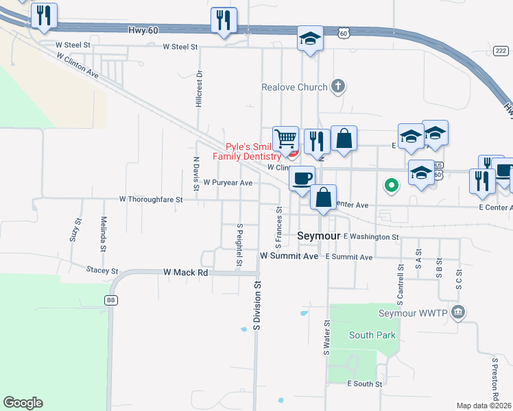 map of restaurants, bars, coffee shops, grocery stores, and more near 103 South Division Street in Seymour