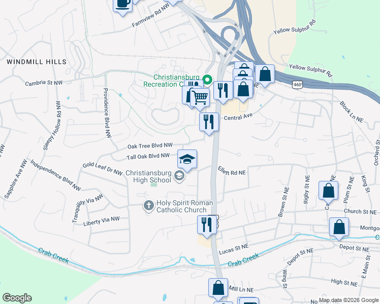 map of restaurants, bars, coffee shops, grocery stores, and more near 100 Tall Oak Boulevard Northwest in Christiansburg
