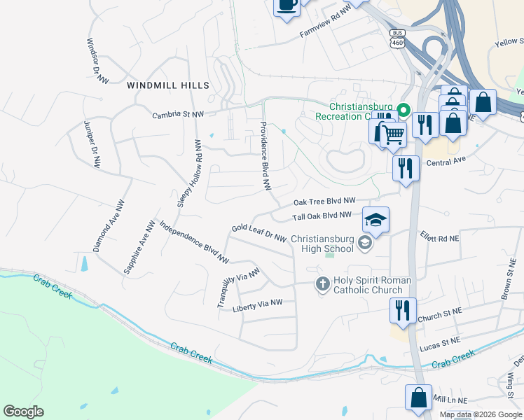 map of restaurants, bars, coffee shops, grocery stores, and more near 1060 Oak Tree Boulevard Northwest in Christiansburg