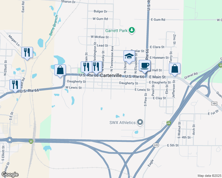 map of restaurants, bars, coffee shops, grocery stores, and more near 101 East Lewis Street in Carterville