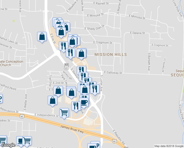 map of restaurants, bars, coffee shops, grocery stores, and more near 2123 East Macs Court in Springfield