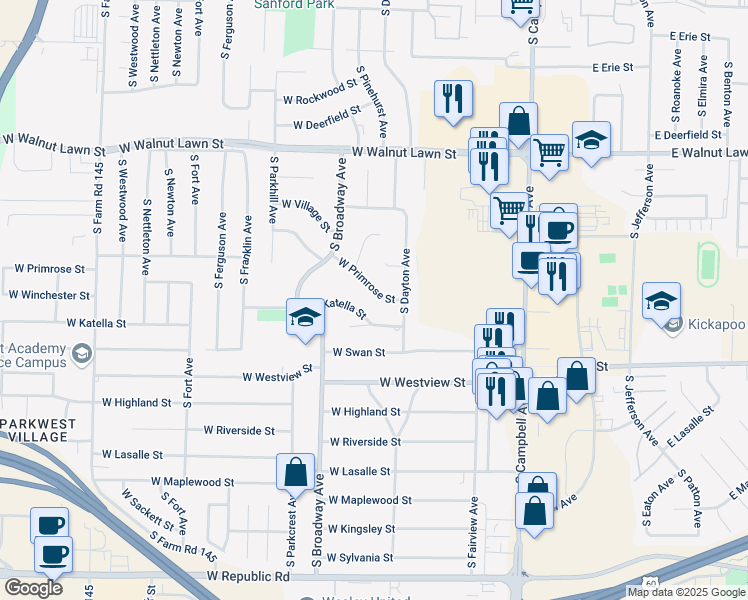 map of restaurants, bars, coffee shops, grocery stores, and more near 709 W Katella St in Springfield