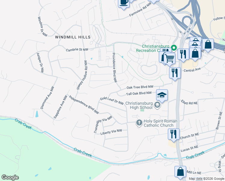 map of restaurants, bars, coffee shops, grocery stores, and more near 1060 Oak Tree Boulevard Northwest in Christiansburg