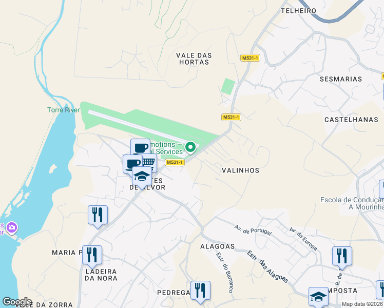 map of restaurants, bars, coffee shops, grocery stores, and more near Estrada da Cruz in Alvor