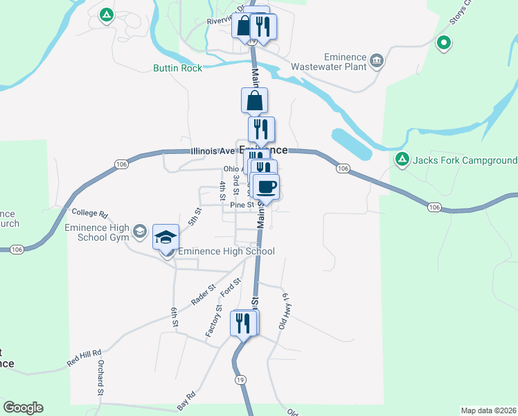 map of restaurants, bars, coffee shops, grocery stores, and more near 116 Main Street in Eminence