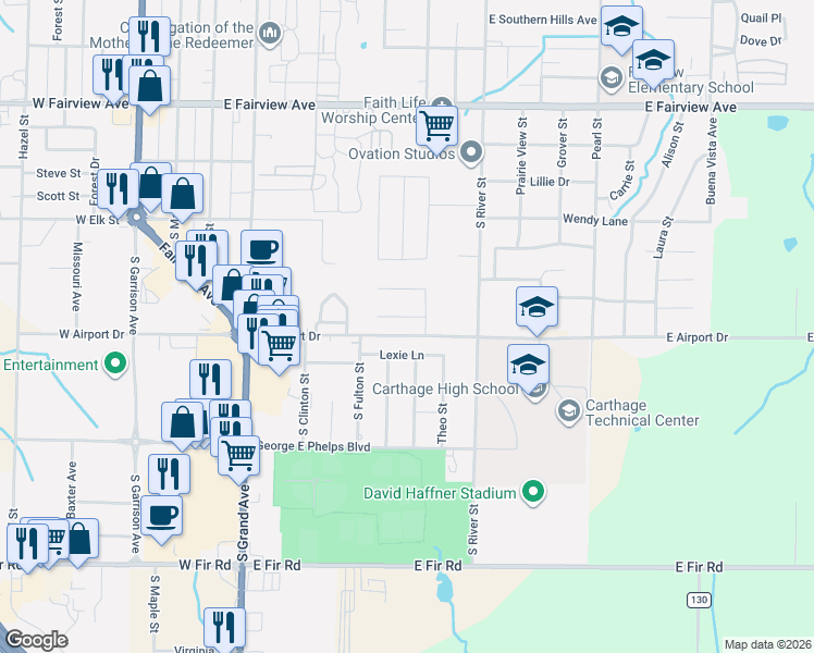 map of restaurants, bars, coffee shops, grocery stores, and more near 617-899 East Airport Drive in Carthage