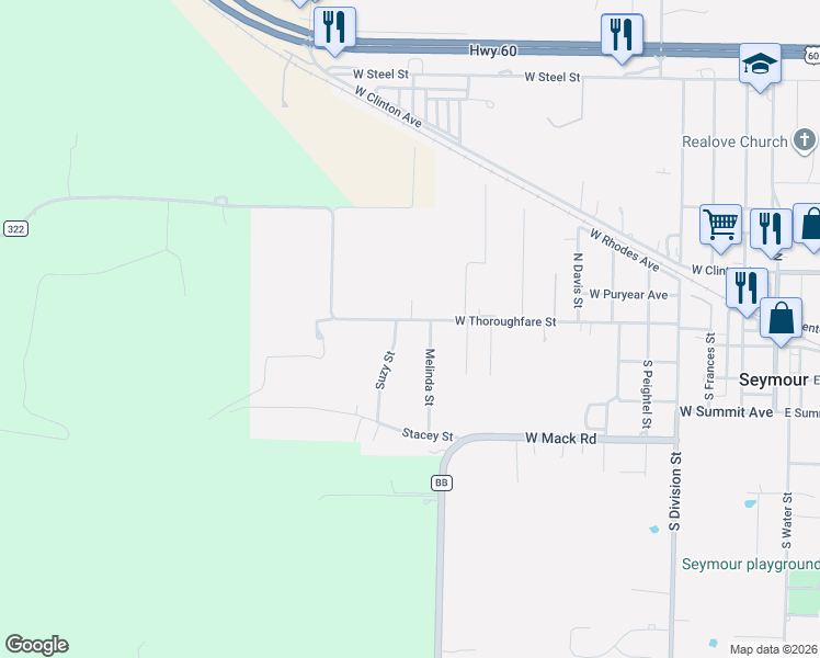 map of restaurants, bars, coffee shops, grocery stores, and more near 300-398 Suzy St in Seymour