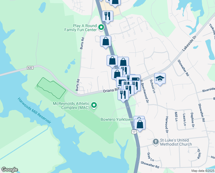 map of restaurants, bars, coffee shops, grocery stores, and more near 1805 Meadowview Drive in Yorktown