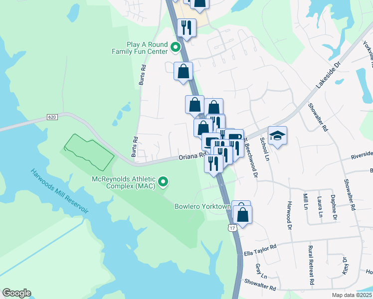 map of restaurants, bars, coffee shops, grocery stores, and more near 1805 Meadowview Drive in Yorktown
