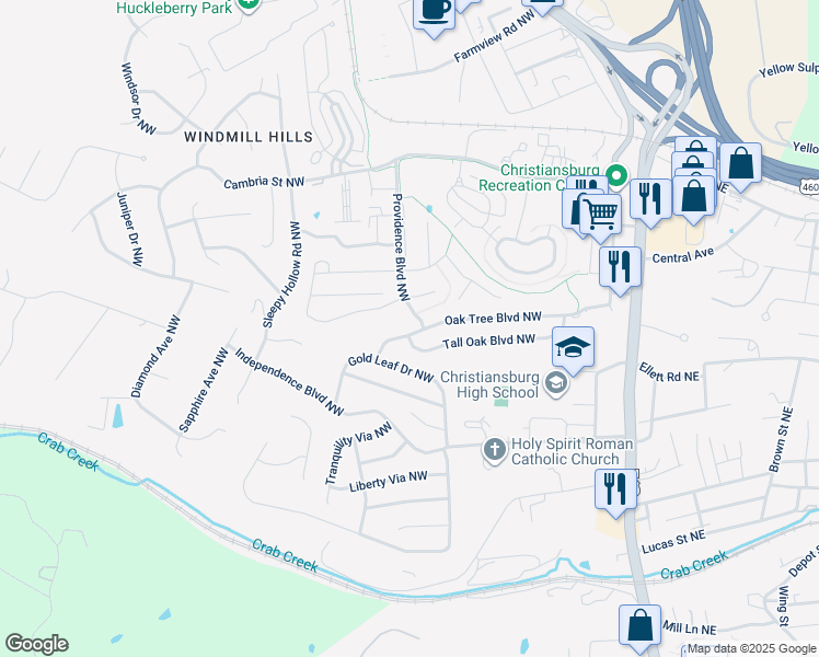 map of restaurants, bars, coffee shops, grocery stores, and more near 1035 Oak Tree Boulevard Northwest in Christiansburg