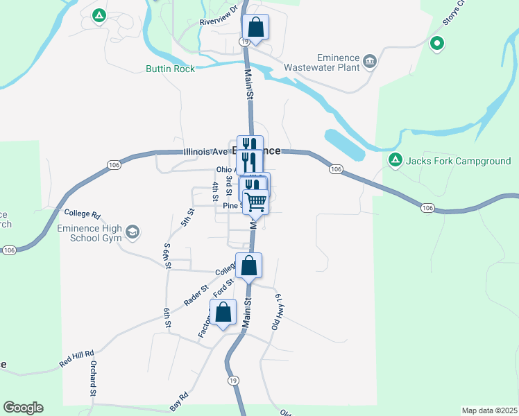 map of restaurants, bars, coffee shops, grocery stores, and more near 103 Main Street in Eminence