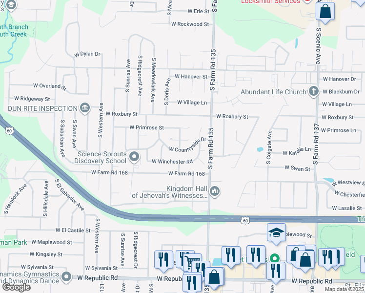 map of restaurants, bars, coffee shops, grocery stores, and more near 3152 West Countryside Drive in Springfield