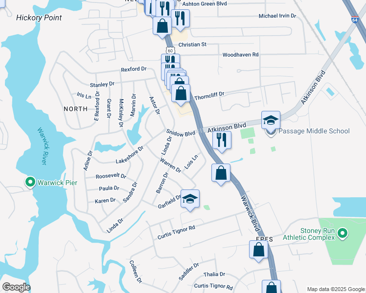 map of restaurants, bars, coffee shops, grocery stores, and more near 9 Barron Drive in Newport News