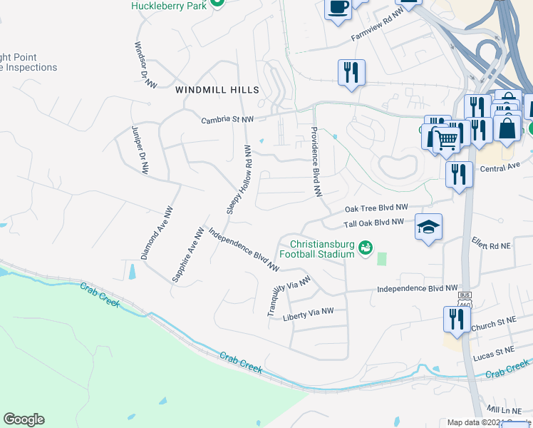 map of restaurants, bars, coffee shops, grocery stores, and more near 430 Twisted Oak Drive Northwest in Christiansburg