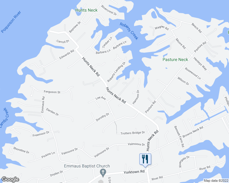 map of restaurants, bars, coffee shops, grocery stores, and more near 172 Hunts Neck Road in Poquoson