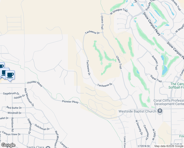 map of restaurants, bars, coffee shops, grocery stores, and more near 2312 Tacheene Drive in St. George