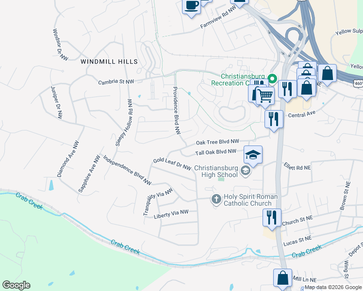 map of restaurants, bars, coffee shops, grocery stores, and more near 1060 Oak Tree Boulevard Northwest in Christiansburg