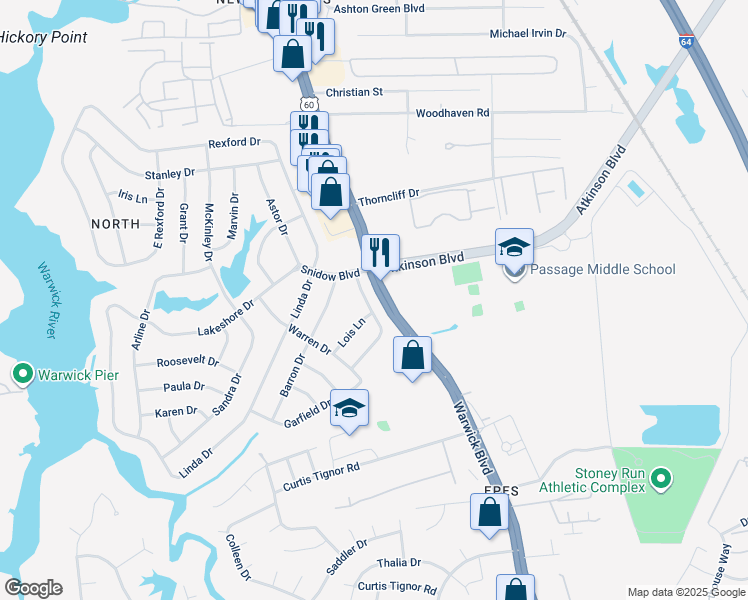 map of restaurants, bars, coffee shops, grocery stores, and more near 11 Lewallen Drive in Newport News
