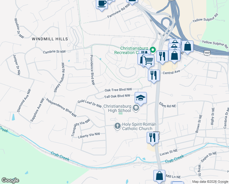 map of restaurants, bars, coffee shops, grocery stores, and more near 435 Tall Oak Boulevard Northwest in Christiansburg