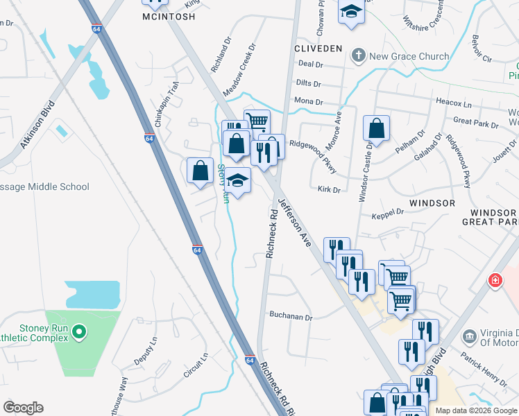 map of restaurants, bars, coffee shops, grocery stores, and more near 185 Richneck Road in Newport News