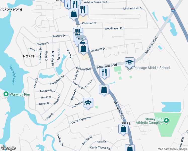 map of restaurants, bars, coffee shops, grocery stores, and more near 11 Lewallen Drive in Newport News