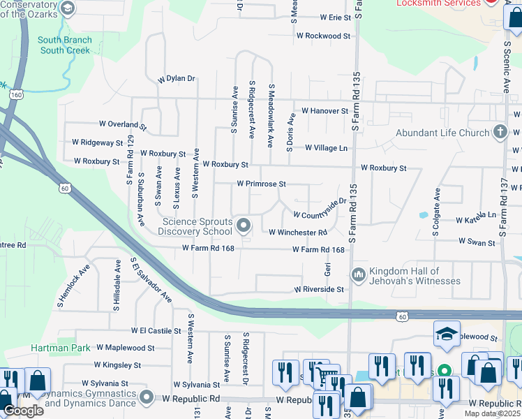 map of restaurants, bars, coffee shops, grocery stores, and more near 3335 West Countryside Drive in Springfield