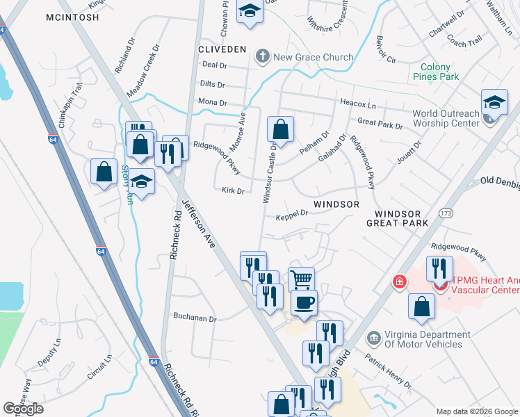 map of restaurants, bars, coffee shops, grocery stores, and more near 174 Windsor Castle Drive in Newport News