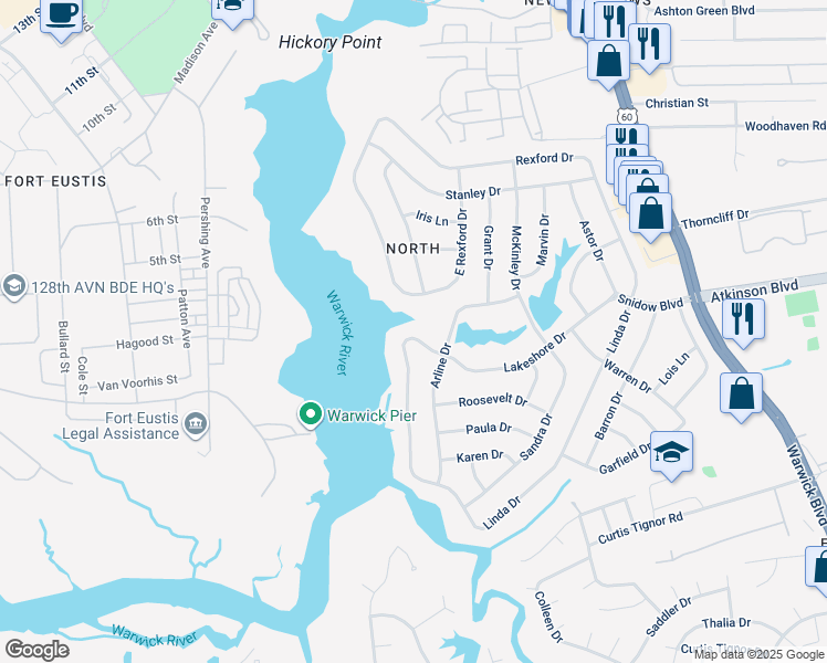 map of restaurants, bars, coffee shops, grocery stores, and more near 141 Linda Drive in Newport News