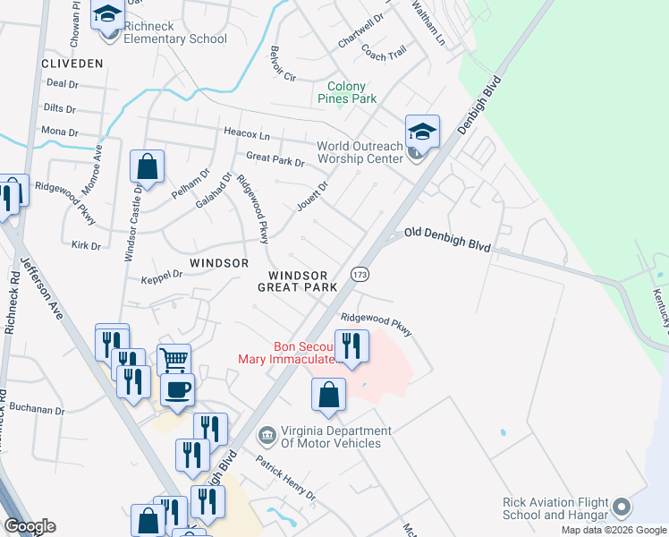 map of restaurants, bars, coffee shops, grocery stores, and more near 11 Dinwiddie Place in Newport News