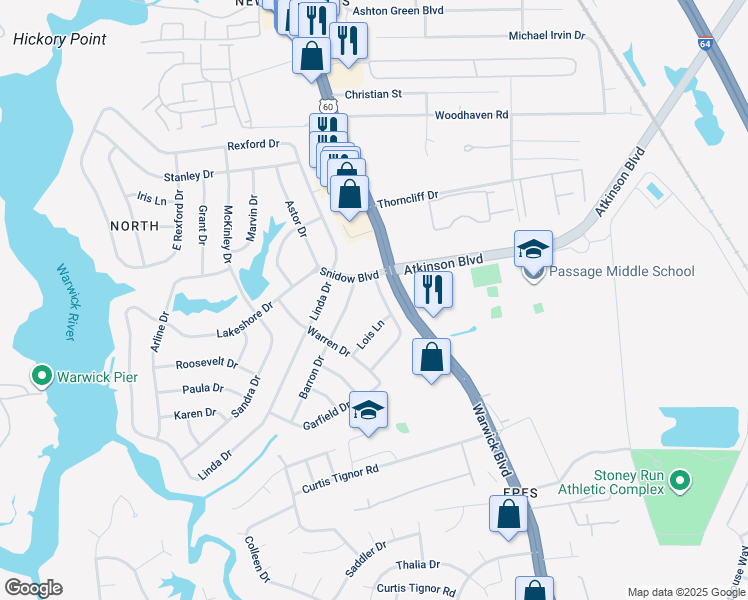 map of restaurants, bars, coffee shops, grocery stores, and more near 9 Barron Drive in Newport News