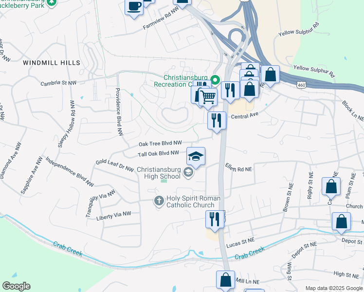 map of restaurants, bars, coffee shops, grocery stores, and more near 140 Tall Oak Boulevard Northwest in Christiansburg