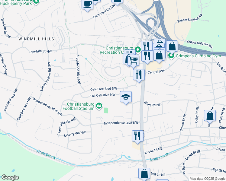 map of restaurants, bars, coffee shops, grocery stores, and more near 480 Oak Tree Boulevard Northwest in Christiansburg