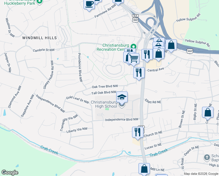 map of restaurants, bars, coffee shops, grocery stores, and more near 305 Tall Oak Boulevard Northwest in Christiansburg