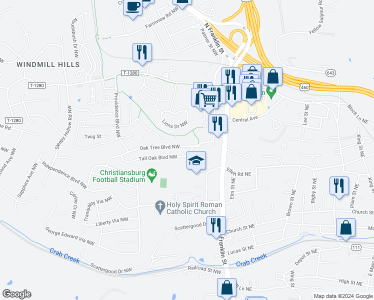map of restaurants, bars, coffee shops, grocery stores, and more near 390 Oak Tree Boulevard Northwest in Christiansburg