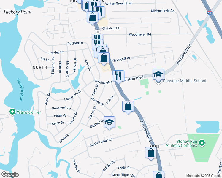 map of restaurants, bars, coffee shops, grocery stores, and more near 9 Barron Drive in Newport News