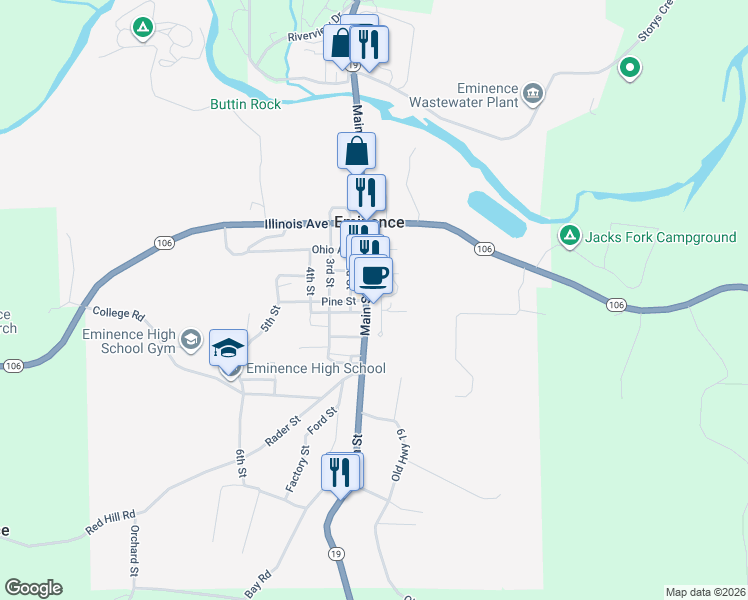 map of restaurants, bars, coffee shops, grocery stores, and more near 116 Main Street in Eminence