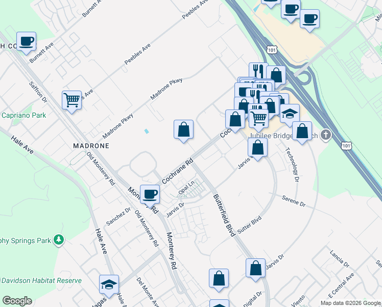 map of restaurants, bars, coffee shops, grocery stores, and more near 216 Cochrane Road in Morgan Hill