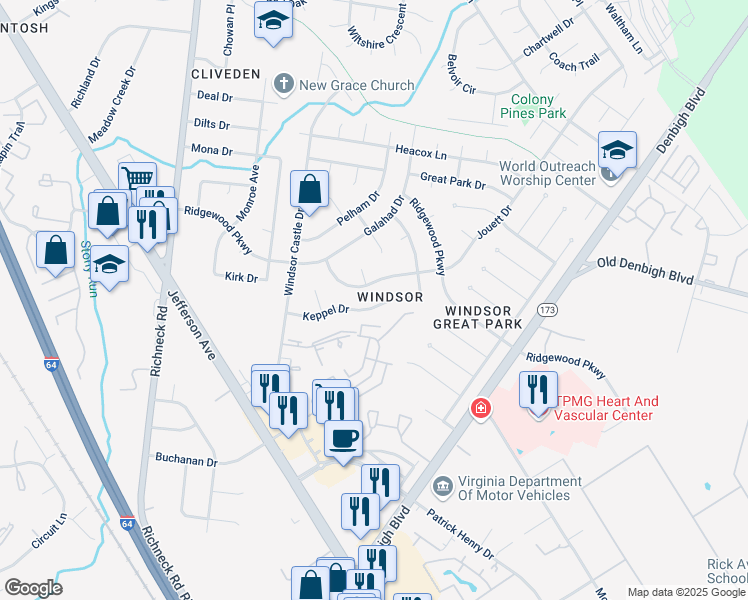 map of restaurants, bars, coffee shops, grocery stores, and more near 726 Keppel Drive in Newport News