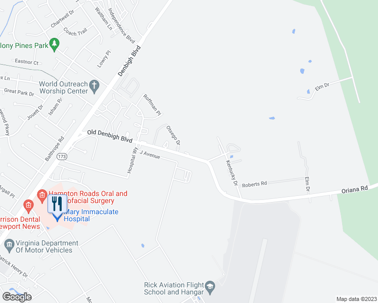 map of restaurants, bars, coffee shops, grocery stores, and more near 1185 Old Denbigh Boulevard in Newport News
